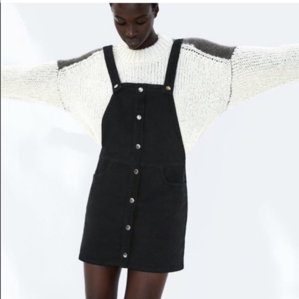🆕 Zara 1975 Denim Corduroy Button Up Overall Dress in Black S